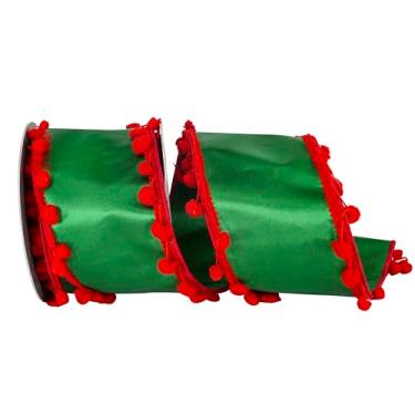 Imagem de Reliant Ribbon Fita de borda com fio Dupioni Deluxe com pompom, verde/vermelho