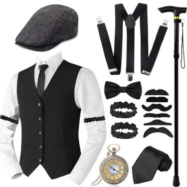 Imagem de Conjunto de acessórios de fantasia masculina anos 20 para adultos, fantasia retrô dos anos 20 Gatsby Gangster com colete boina relógio de bolso suspensórios de muleta para artigos de festa - 5GG