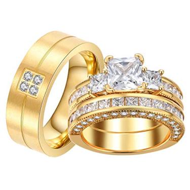 Imagem de Ringcrown Anéis de casal banhados a ouro amarelo princesa 8 x 8 Cz conjuntos de alianças de casamento femininas aço titânio masculino alianças de casamento (compre 2 anéis para 1 par), men size 10,