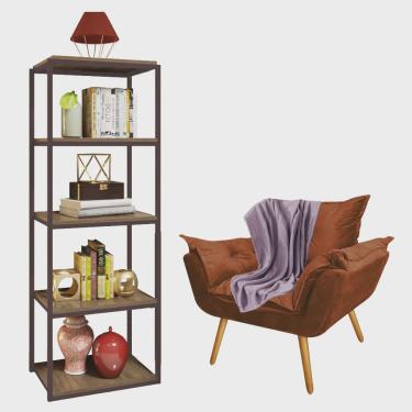 Imagem de Kit Poltrona Fatte com Manta Soft Lilás e Estante Livreiro Ferro Marrom mdf Imbuia Suede Terracota - Ahz Móveis