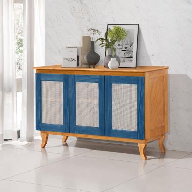 Imagem de Buffet Madeira Maciça Rústico Telinha 3 Portas Deltan - Azul / Imbuia