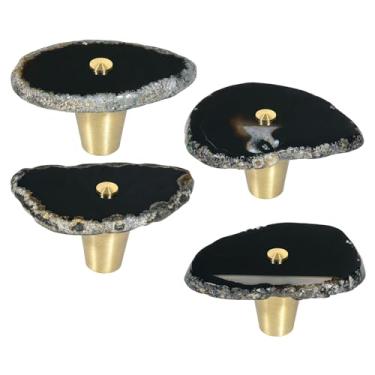 Imagem de Rockcloud Pacote com 4 puxadores de armário de fatia de ágata natural, puxador de armário para decoração de casa, alça de móveis, preto