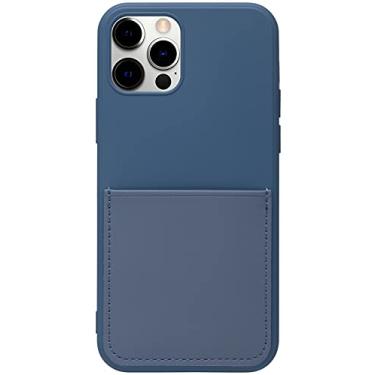 Imagem de Stephanie Imports Capa de telefone de silicone forrada de feltro marinho com bolso frontal costurado para iPhone 12 Pro Max + protetor de tela de vidro temperado