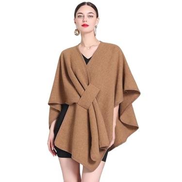 Imagem de BRYCTSISEN Cardigã feminino com frente aberta, elegante, cor sólida, poncho ruana, capa plus size para outono e inverno, Camelo, Plus size