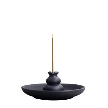 Imagem de FKJLUN Suporte de incenso de refluxo, 1 peça multiuso de cerâmica preta para igreja, cuia calmante, queimador de incenso de refluxo, placa de suporte de fumaça, decoração de casa, queimador de incenso