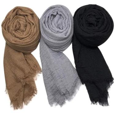 Imagem de Cachecol feminino de verão|3 peças cachecol de algodão macio e quente para mulheres, leve com bordas com franjas, cachecol vintage enrugado, xale para mulheres, meninas, acessórios de inverno