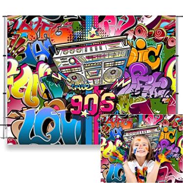 Imagem de LFEEY Cenários de 1,9 x 2,4 m dos anos 90 para sessão de fotos 90 pano de fundo hip hop grafite retrô rádio colorido fundo de foto infantil chuveiro de bebê retrato de aniversário de volta aos anos 90 decoração de festa temática estúdio de foto