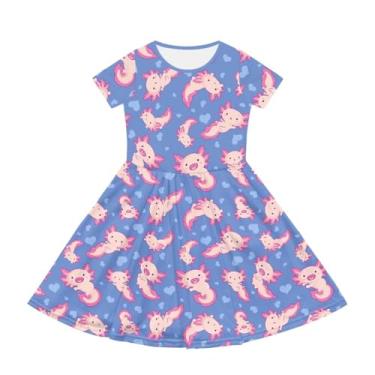 Imagem de Watdotory Vestido preto para meninas lindos vestidos de manga curta com bolso vestido de verão tamanho 2-14 T infantil, Axolote de desenho animado, 7-8 Anos