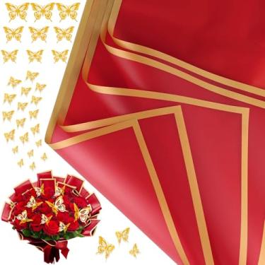 Imagem de cridoz 20 folhas de papel de embrulho de buquê de flores com 12 peças de decorações de borboleta dourada para buquês de flores (vermelho)