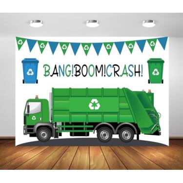 Imagem de Loccor 2,1 x 1,5 m pano de fundo de caminhão de lixo infantil verde reciclável caminhão de lixo lata de lixo tema fotografia gestão de resíduos reciclagem decorações de festa adereços para sessão de