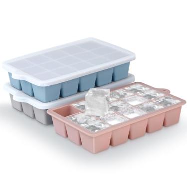 Imagem de Bandejas de silicone para cubos de gelo, 3 unidades, formas de cubos de gelo de fácil liberação com tampa, máquina de gelo empilhável para freezer para uísque, comida de bebê, livre de BPA (azul +