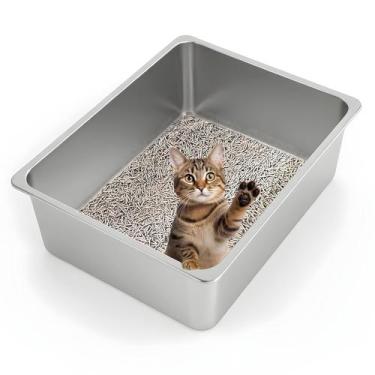 Imagem de Cat Litter Box Kirecoo em aço inoxidável XL Panela de alto lado