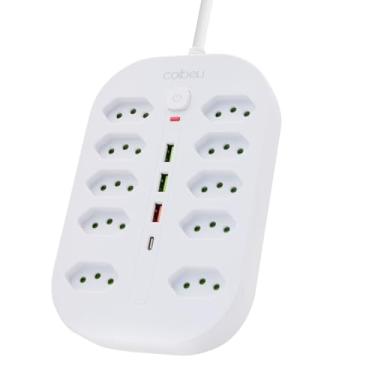 Imagem de Extensao Eletrica, Extensão Tomada, Régua Tomada, Régua de Energia, 10 Tomadas, 3 Interfaces USB, 1 Porta USB Tipo-C, Cabo de Alimentação de 1,9 metros, Suporte a Tensão de 110-220V, Branco