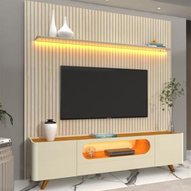 Imagem de Rack Com Painel Para Tv Até 85 Polegadas 1 Gaveta 2 Portas Led 220cm Requinte Nobre Off White/naturale