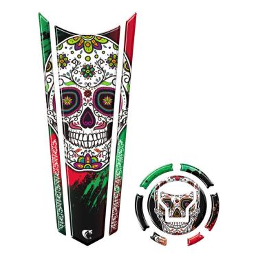 Imagem de Adesivo Faixa Gravata Tanque E Bocal Moto Resinado Caveira Preto