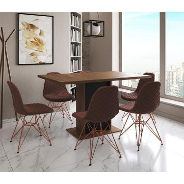 Imagem de Mesa Jantar Londres Retangular Amêndoa 137X90 Base Preta 6 Cadeiras Estofadas Caramelo Base Cobre