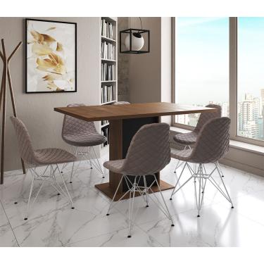 Imagem de Mesa Jantar Londres Retangular Amêndoa 137X90 Base Preta 6 Cadeiras Estofadas Nude Médio Ferro Branc