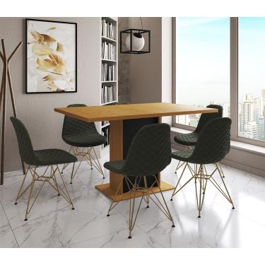 Imagem de Mesa Jantar Londres Retangular Canela 137X90 Base Preta 6 Cadeiras Estofadas Verde Base...