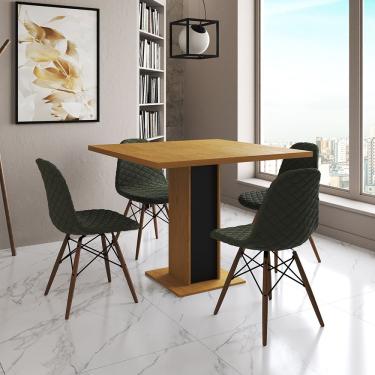Imagem de Mesa Jantar Londres Quadrada Canela 90Cm Base Preta 4 Cadeiras Eames Estofadas Verde Madeira