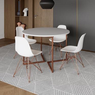 Imagem de Mesa Industrial Jantar Redonda Branca 110Cm Base V Com 4 Cadeiras Eames Brancas Base Cobre Branco
