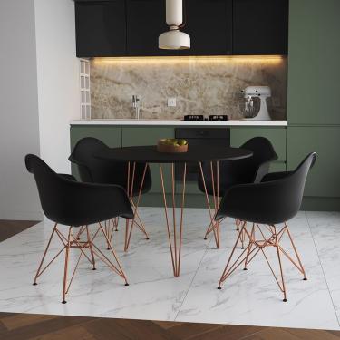 Imagem de Mesa Jantar Redonda 110Cm Preta Clips 3 Pés Com 4 Poltronas Pretas Base Cobre - Cor: Preto