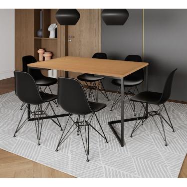 Imagem de Mesa Industrial Jantar Retangular 137X90Cm Canela Base V Com 6 Cadeiras Pretas Ferro Pr Canela