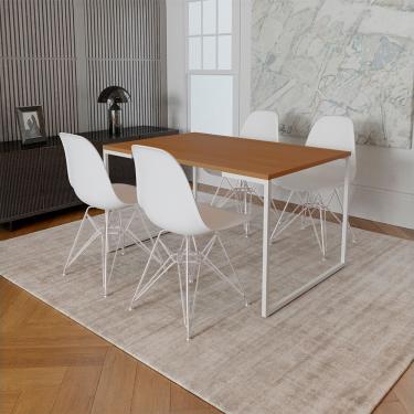 Imagem de Mesa Industrial Base Ferro Branco Tampo 137X90 Canela 4 Cadeiras Ferro Branco Assento Branco Marrom