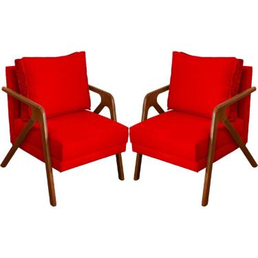 Imagem de Kit 2 Poltronas Decorativa Para Sala Shine Suede Cores Pé Castanho - Vermelho, Suede