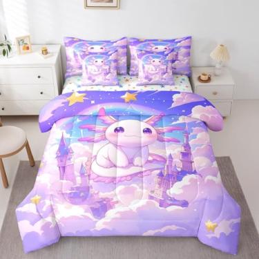 Imagem de Conjunto de edredom feminino Axolotl, castelo de princesa, sonhador, 7 peças, tamanho casal, para crianças, galáxia, estrela, arco-íris, nuvens, conjunto de cama com edredom, jogo de lençol e fronhas