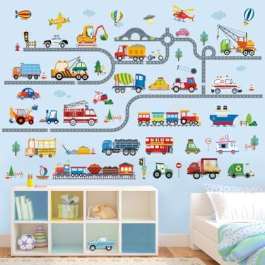 Imagem de wondever Adesivos de parede para carro, estrada, transporte, veículos, caminhões, construção, descasque e cole decalques de arte de parede para quarto de meninos e crianças sala de jogos