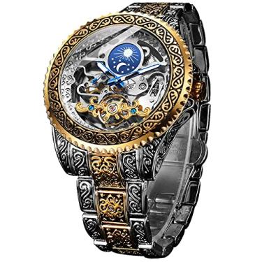 Imagem de FORSINING Relógio retrô masculino esculpido com corda automática, turbilhão, fase da lua, segundos independentes, esqueleto, automático, mostrador grande, Dourado, Mecânico