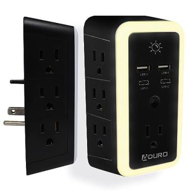 Imagem de Aduro Extensor De Tomada Com Vários Plugues, Protetor Contra Surtos E Luz Noturna, Preto, Adaptador Régua Energia Para Carregador Parede, 7 Tomadas, 2 Portas Carregamento Usb Tipo C, Casa, Escritóri