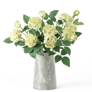 Imagem de mizii 4 peças de rosas artificiais verdes, flores de rosa de seda falsa com folhas e caules, decorações de arranjo floral falso realista para mesa de casamento, vaso de mesa de centro de mesa, vaso