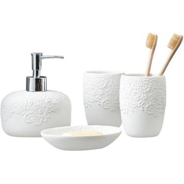 Imagem de Conjunto De Banheiro, Conjuntos De Dispensador De Sabonete Branco, Com Suporte Para Escova De Dentes, Dispensador De Sabonete, Saboneteira, Caneca De Escova De Dentes, Para Casa, Hotel, Cer, E