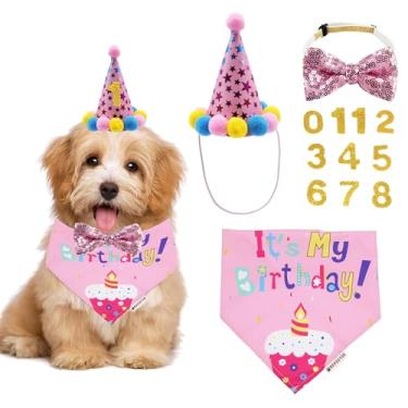 Imagem de ADOGGYGO Cachecol bandana de aniversário para cães e chapéu de festa de aniversário para cachorro com gravata borboleta para cães pequenos (pequeno, rosa)