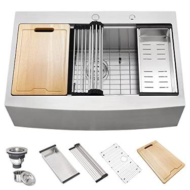 Imagem de Estação de trabalho de pia de fazenda de aço inoxidável de 91,44 cm - Hovheir 91,44 cm x 55,88 cm Drop In Topmount Farmhouse Kitchen Pia de trabalho Pia 16 calibre cuba única Avental de aço inoxidável Pia frontal Pia de fazendeiro