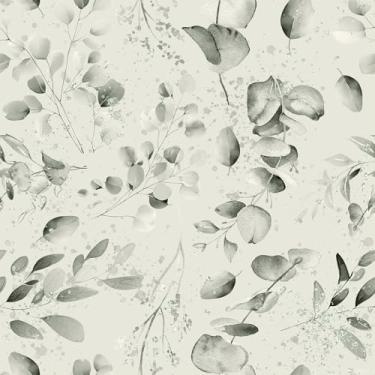 Imagem de VEELIKE Papel de parede com folhas de eucalipto Breezy Peel and Stick Boho Grey Papel de parede botânico para quarto, banheiro, 48 x 38 cm, papel de contato com folha autoadesivo removível para