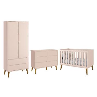 Imagem de Dormitório Completo Infantil Theo 2 Portas, Cômoda 6 Gavetas e Berço com Pés Amadeirado - Reller Móveis Rosa Fosco