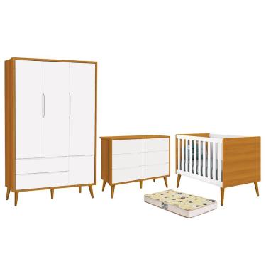 Imagem de Dormitório Completo Infantil Theo 3 Portas, Cômoda 6 Gavetas, Berço com Pés Amadeirado e Colchão D18 - Reller Móveis Branco/Savana