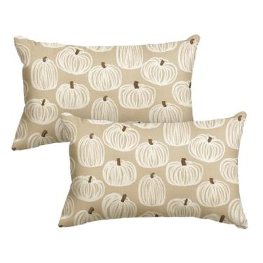Imagem de AVOIN colorlife Capas de almofada Fall Lines Pumpkin Bege, 30 x 50 cm, decoração sazonal de Ação de Graças Colheita para Sofá Conjunto de 2