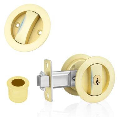 Imagem de Fechadura de porta de bolso com chaves Trava de porta de bolso e puxador de borda contemporânea para porta de cama/banheiro/cozinha/celeiro (ouro escovado, redondo com chaves, 1 peça)