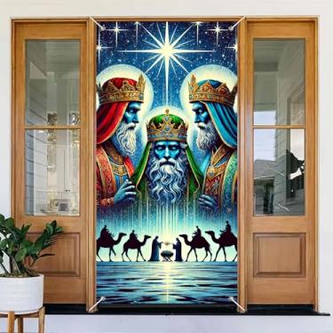 Imagem de BlissYard Bandeira de porta de Natal dos Três Reis 188 x 89 cm Decoração de Porta de Presépio Cena de Homens Sábios com Estrela de Belém Feriado Religioso Pendurado para Interior e Exterior Varanda de