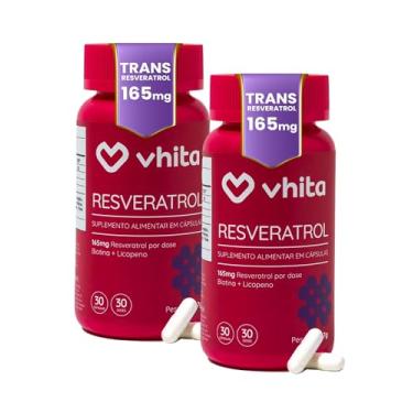 Imagem de Resveratrol 165mg com Biotina, Licopeno e Proantocianidinas - Suporte de Saúde Cardíaca e Antienvelhecimento - 2 potes com 30 Cápsulas cada, Vhita