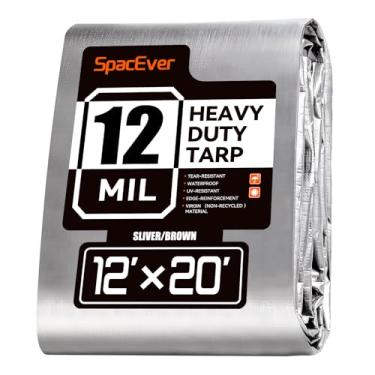 Imagem de Spacever Lona resistente de 30 x 50 m, lona grande de 12 mm de espessura à prova d'água com ilhós, resistente a UV e rasgos, capa de plástico para barraca de piscina lenha, prata e marrom