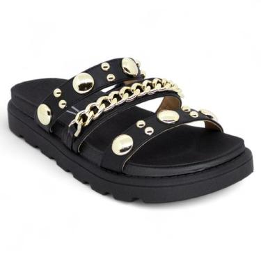 Imagem de Sandalia Papete Vizzano Feminina Tratorada Tiras Spike Macia, Preto, 3