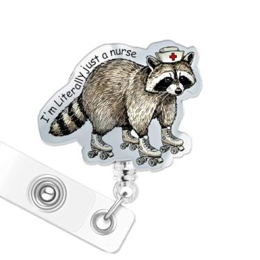 Imagem de Carretel de crachá de guaxinim desarticulado engraçado, suporte retrátil com clipe jacaré, lindos carretéis de crachá de cartão de identificação para LPN CNA MA enfermeiras médicas, professoras de