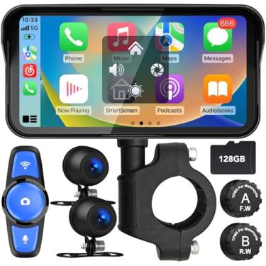 Imagem de FancyTiger DVR portátil para motocicleta, CarPlay sem fio de 6,2 polegadas e tela sensível ao toque automática Android com câmera veicular HD 1080p frontal e traseira, Bluetooth duplo, cartão TF de