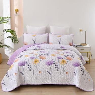 Imagem de Dinjoy Conjunto de colcha floral, tamanho solteiro, colchas roxas, 2 peças, conjunto de cama fofo leve para casa de fazenda, flores macias, conjunto de cama para mulheres de verão 172 x 218 cm