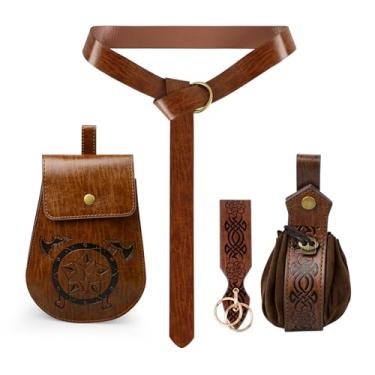 Imagem de Viking Bolsa de cinto em relevo, bolsa de moedas, saia, trilhas, retrô, renascentista, portátil, bolsa de cintura com cordão para LARP Ren Faire, Marrom, Medieval