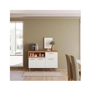 Imagem de Balcão de Cozinha Poliman Sicília 120cm 3 Portas 1 Gaveta com Tampo Pés Reguláveis MDP Pintura UV Freijó Off White Acetinado